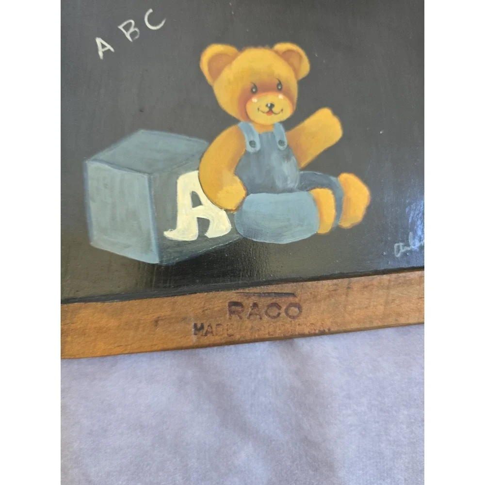 Vintage Wooden School Slate Blackboard Wall Hanging Teddy Bear Nursery Art RACO
